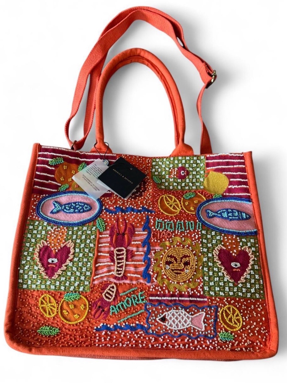 America & Beyond Orange Patchwork Tote Embroidered Beaded Beach